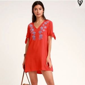 Red Tie-Sleeve Shift Dress